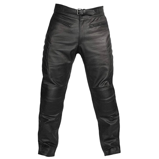 A pair of men's black real cowhide leather bikers trousers with a zip and button closure, featuring external pockets and padded knees.