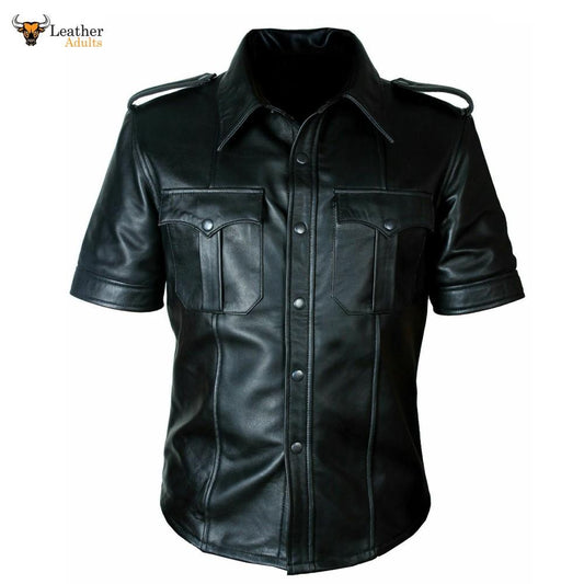 Mens Hot Real Sheep Leather Police Uniform BLUFF Gay Shirt Half Sleeves