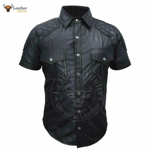 Men's Black Real Lambskin Leather Police Military Style Quilted Bluf Shirt