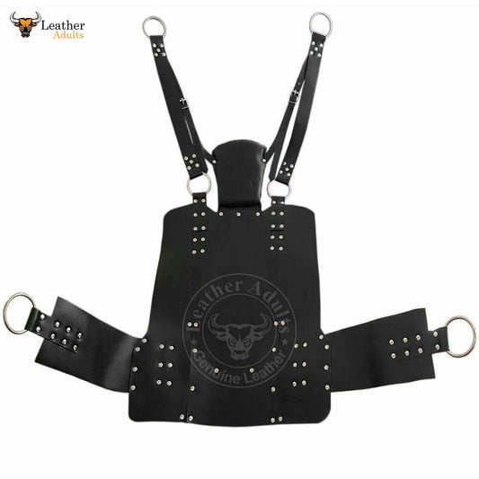 A black leather heavy-duty sling with nickel-plated rivets and steel rings, designed for adult play and BDSM activities.