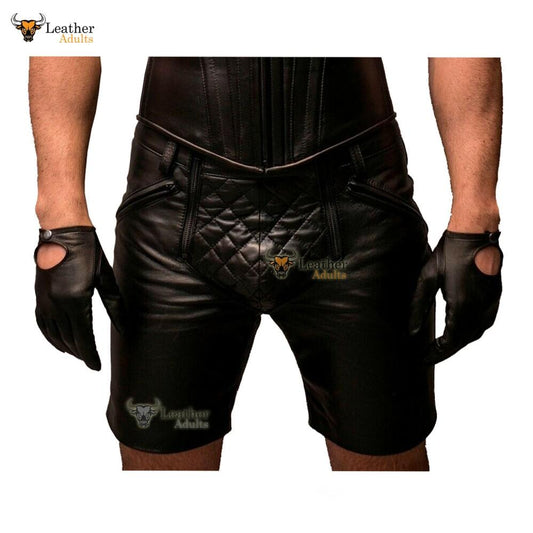 Mens Real Cow Leather Black Clubwear Shorts with Full Front to Rear Zip