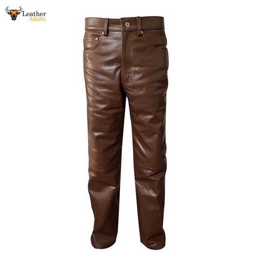 A pair of men's brown cow leather pants with belt loops and a zipper fly.