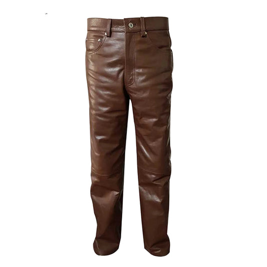 A pair of men's brown cow leather pants with belt loops and a zipper fly.
