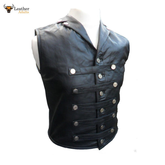 A black leather steampunk waistcoat vest corset with full steel boning and a military style front button fastening, displayed on a mannequin.