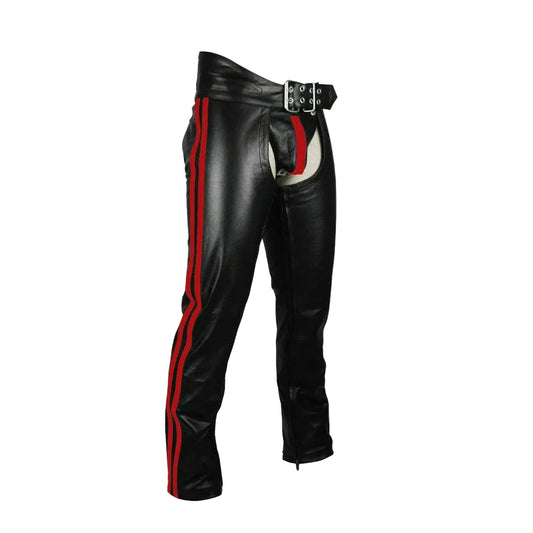 A pair of men's leather chaps with red stripes and a jockstrap attached.