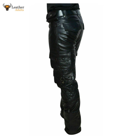 Mens Cow Leather Cargo Quilted Panels Pants Bikers Cargo Pants Trousers