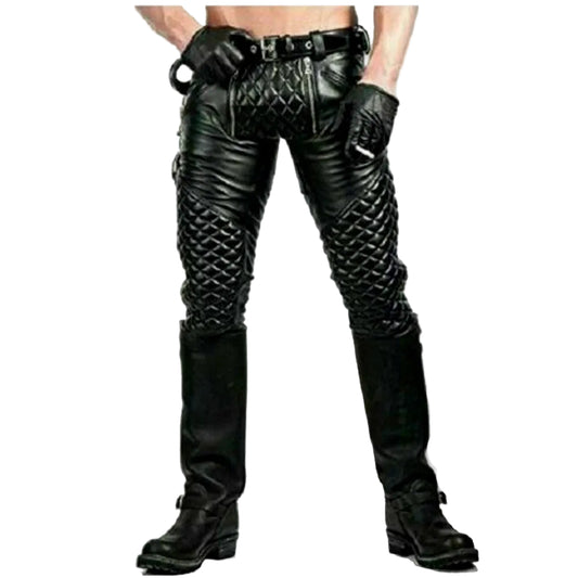 A person wearing black cowhide leather pants with a quilted design, featuring a visible brand logo on the upper left side. The pants are paired with black leather gloves and boots.
