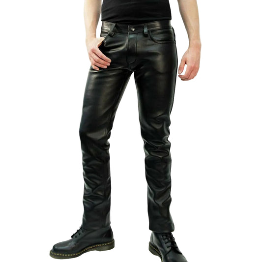 A pair of men's black shiny leather trousers with a slim fit. The image shows the trousers in a vertical orientation, displaying the front view along with the wearer's hands in a pockets position.