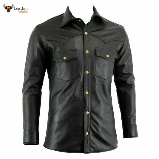 Mens Real Lambskin Leather Black Police Military Style Shirt BLUF Gay Most Sizes