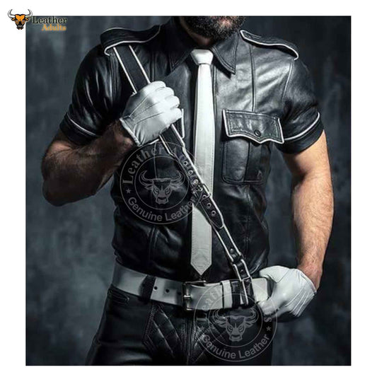 Mens Real Lambskin Nappa Leather White Piping Police Black Shirt Cuir Bluf Lederhemd Lederharren Bikers