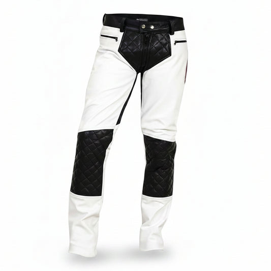 White leather riding chaps with black quilted leather panels on the knees, hips, and upper thighs, featuring a black leather belt and a black bull logo with 'Quinte Leader' on the lower left leg.