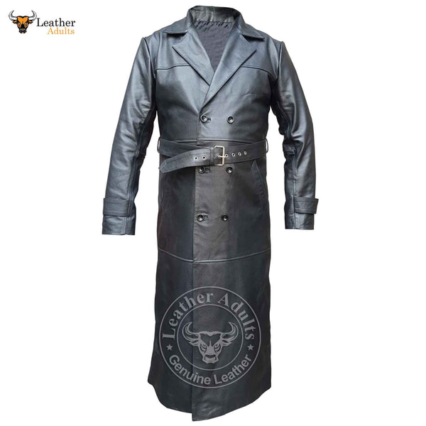 Mens Black Cowhide LEATHER FULL LENGTH DOUBLE BREAST Trench Coat New