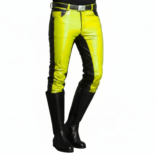 A pair of men's leather pants with black legs and yellow upper legs, featuring a high waist and double stitched seams.