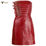 Womens Real Red Leather Hot Party Dress Casual Wear Buckle Dress Frock Skirts