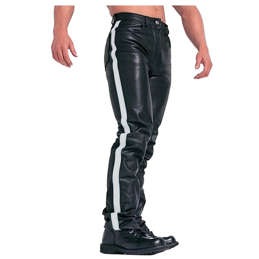 A man wearing black cowhide leather jeans style pants with white stripes on the side, paired with black boots.