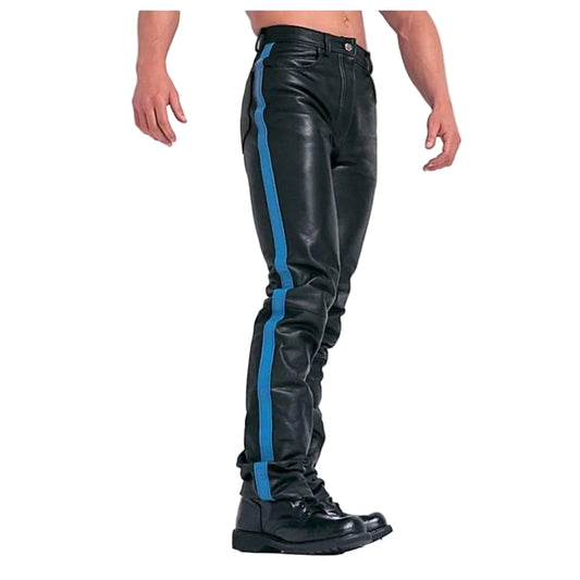 A man wearing black cowhide leather jeans style pants with blue stripes on the legs, paired with black boots.