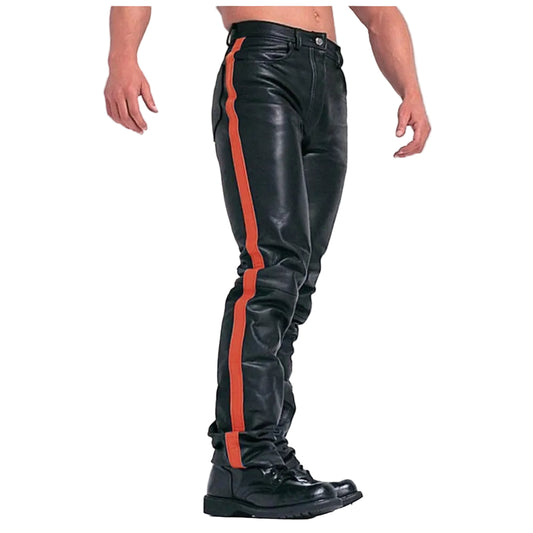 Black leather pants with a bold red stripe down the side, modeled on a person wearing black leather boots against a plain white background.