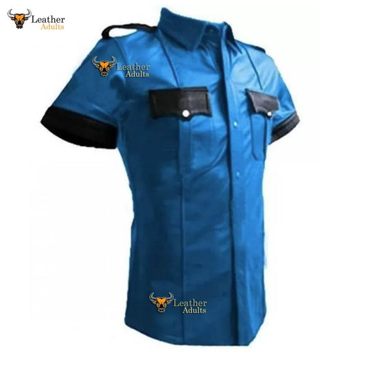 Men's Real Leather Police Shirt Cuir Bluf Lederhemd Blue Lederharren Bikers
