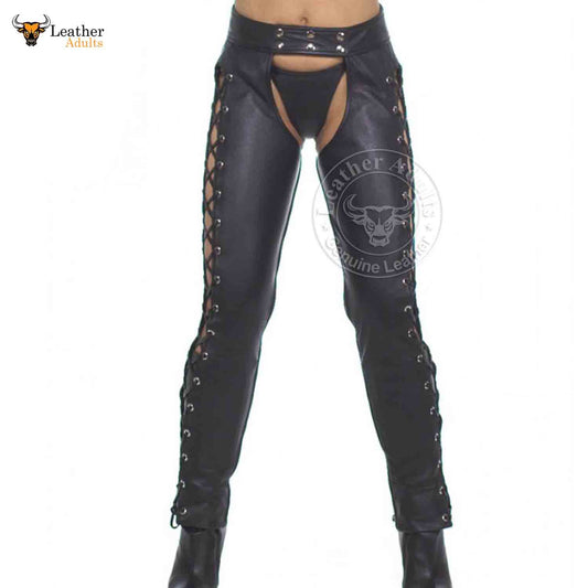 A pair of black leather chaps for women with lace-up sides and a front button closure, featuring a lace design and leather craftsmanship.