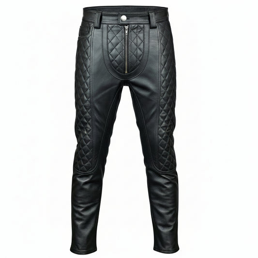 A pair of men's real cowhide leather pants with a slim fit and quilted design on the knees.