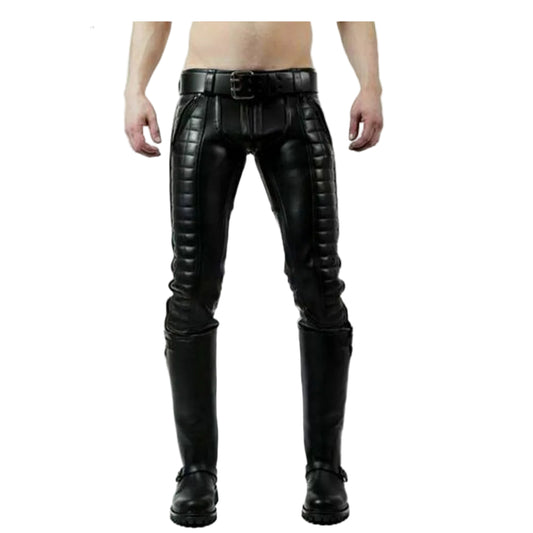 A pair of men's leather pants with a slim fit and double zipper design, featuring a high waist and boot straps.