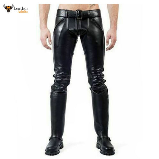 A pair of men's black leather pants with double zip detailing on the legs.
