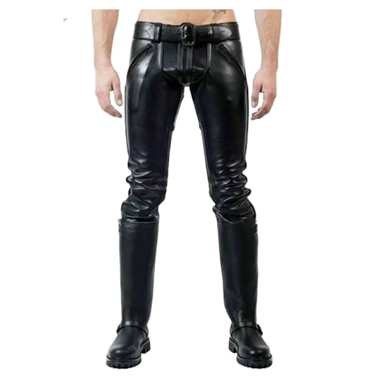 A pair of men's black leather pants with double zip detailing on the legs.