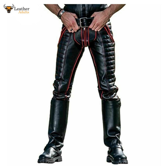 Mens Black Cowhide Leather Red Stripes Double Zip Pants BLUF Breeches Gay Trousers
