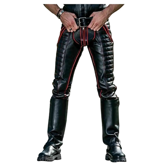 A person wearing black cowhide leather pants with red stripes, featuring a double zipper design and a visible logo on the upper left side.