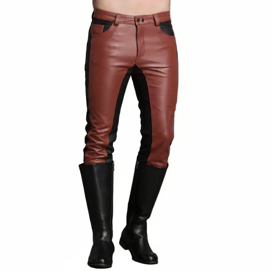 A pair of men's leather pants in black and brown with contrasting stitching, featuring a high waist and boot straps.