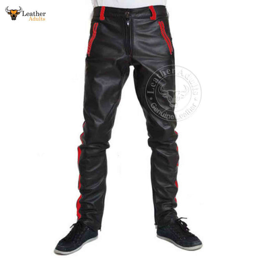 A pair of men's cowhide leather pants with red stripes, featuring a cropped biker style and front button closure.