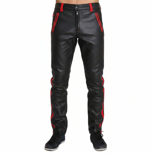 A pair of men's cowhide leather pants with red stripes, featuring a cropped biker style and front button closure.