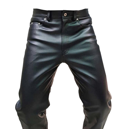 A pair of men's black cow leather 501 style jeans with a zipper and belt loops.