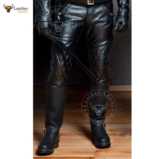 Men's Black Real Cowhide Leather Quilted Panels Breeches Trousers Pants Bikers Jeans Leder Breeches