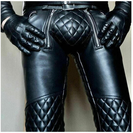 A close-up of men's real cowhide leather pants featuring quilted design and double zippers at the knees.