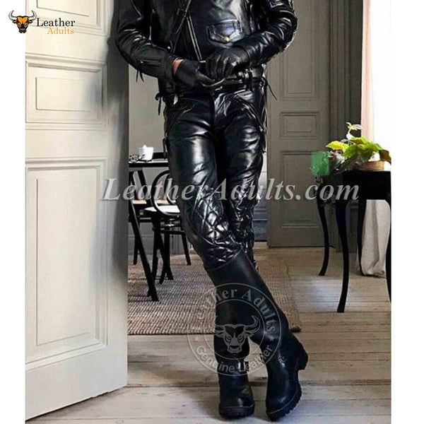 Men's Black Real Cowhide Leather Quilted Slim BLUF Trousers Pants Bikers Jeans Leder Breeches
