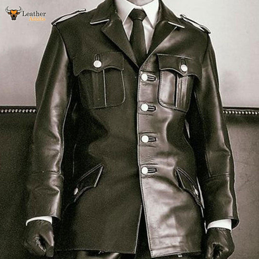 Mens Black Real Cowhide Leather German World War 2 Uniform Tunic Leather Coat Jacket