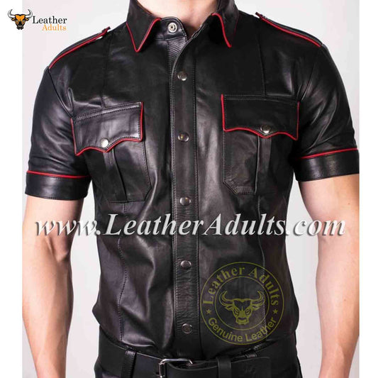 Mens Real Lambs Leather Police Style red piping Black Bikers Shirt