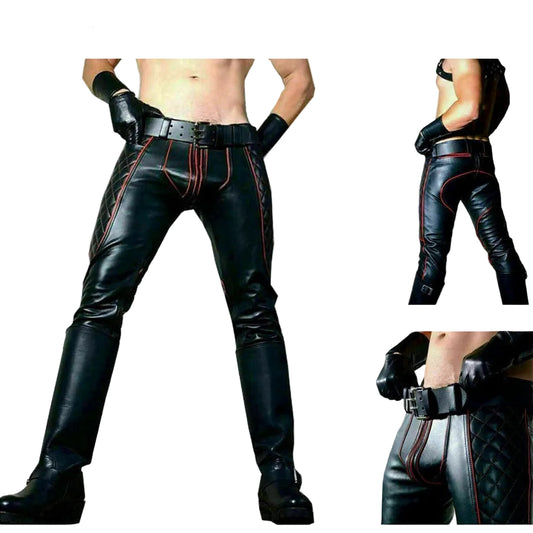A collage of three images showcasing men's leather trousers with black and red piping. The trousers are presented from the waist down, highlighting the design and fit.