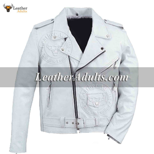 Men's Real White Cowhide Leather Bikers Jacket Thick Cow Leather Bikers Jacket
