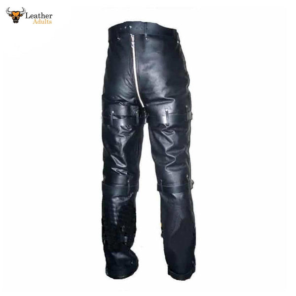 Mens Black Cowhide Leather Locking Bondage Chastity Jeans With Rear Zip CJ