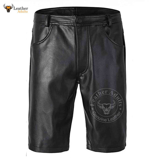 A pair of men's black leather Bermuda shorts with front and rear pockets, button fastening waist, and a logo on the leg.