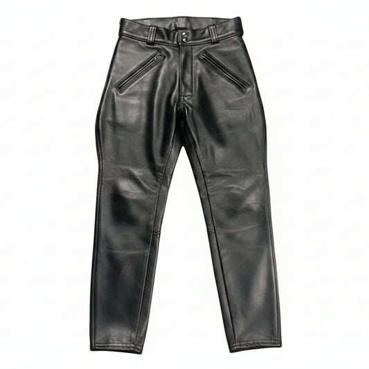 A pair of men's real cowhide leather breeches with branding on the back pockets, featuring a satin lining and double YKK zippers.