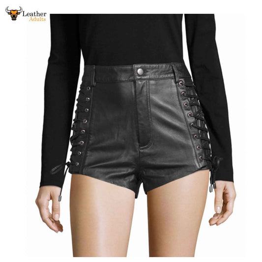 Womens Black Real Lambskin Leather Shorts Rider Ladies Black Lace Up Leather Shorts