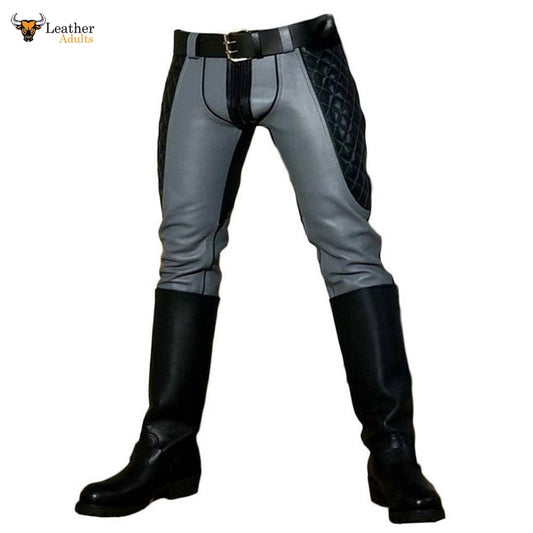 A pair of men's cowhide leather pants with a slim fit design, featuring a combination of gray and black colors, and a pair of black riding boots.