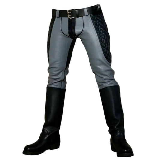 A pair of men's cowhide leather pants with a slim fit design, featuring a combination of gray and black colors, and a pair of black riding boots.
