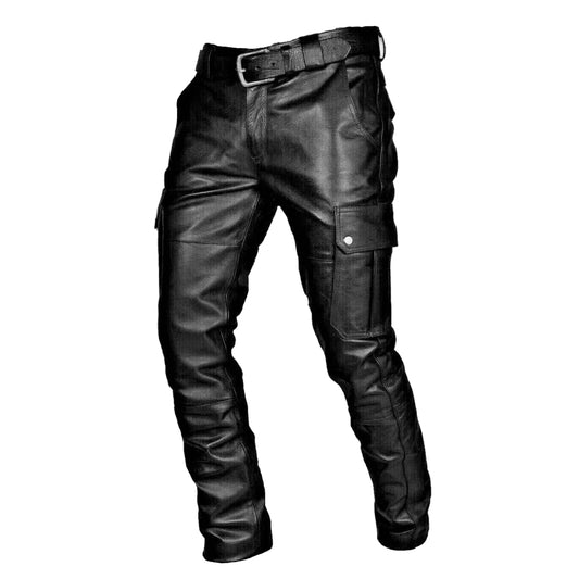 A pair of men's black real leather pants with cargo pockets and a visible brand logo on the upper left side.