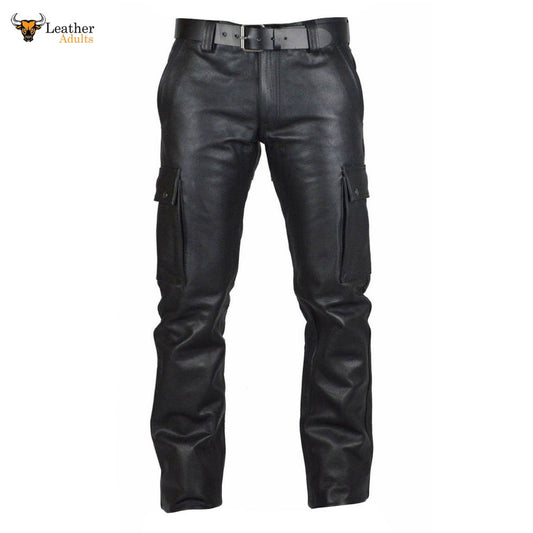 Men's real leather pants with cargo pockets and a belt loops, displayed against a white background.