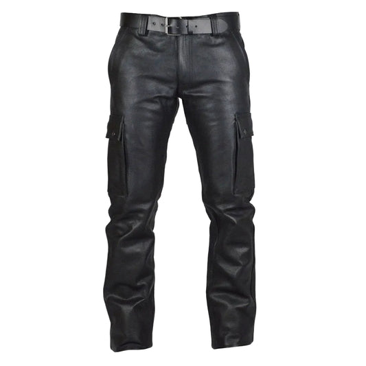 Men's real leather pants with cargo pockets and a belt loops, displayed against a white background.