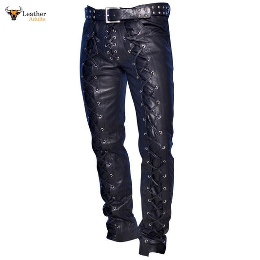 Men's Real Leather Bikers Pants Front and Back Laces Up Bikers Pants Trousers